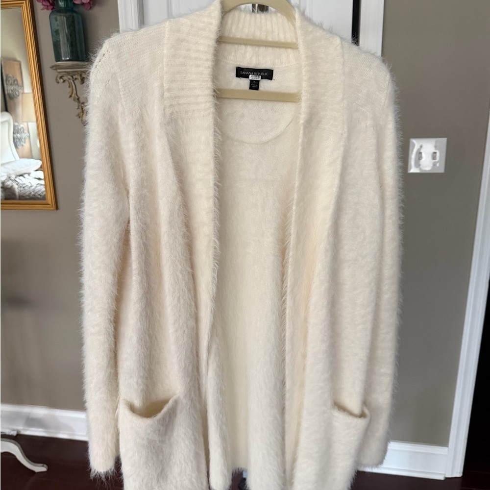 Banana Republic Ivory Fuzzy Open-Front Cardigan